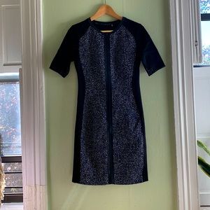 Size 2 ElieTahari zip front blue tweed dress with mesh sleeves.